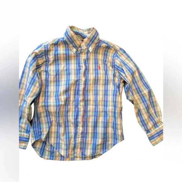 RALPH LAUREN EUC BOYS DRESS SHIRT GREEN BLUE ORANGE WHITE PLAID SUMMER SIZE 3 3T - Picture 1 of 3